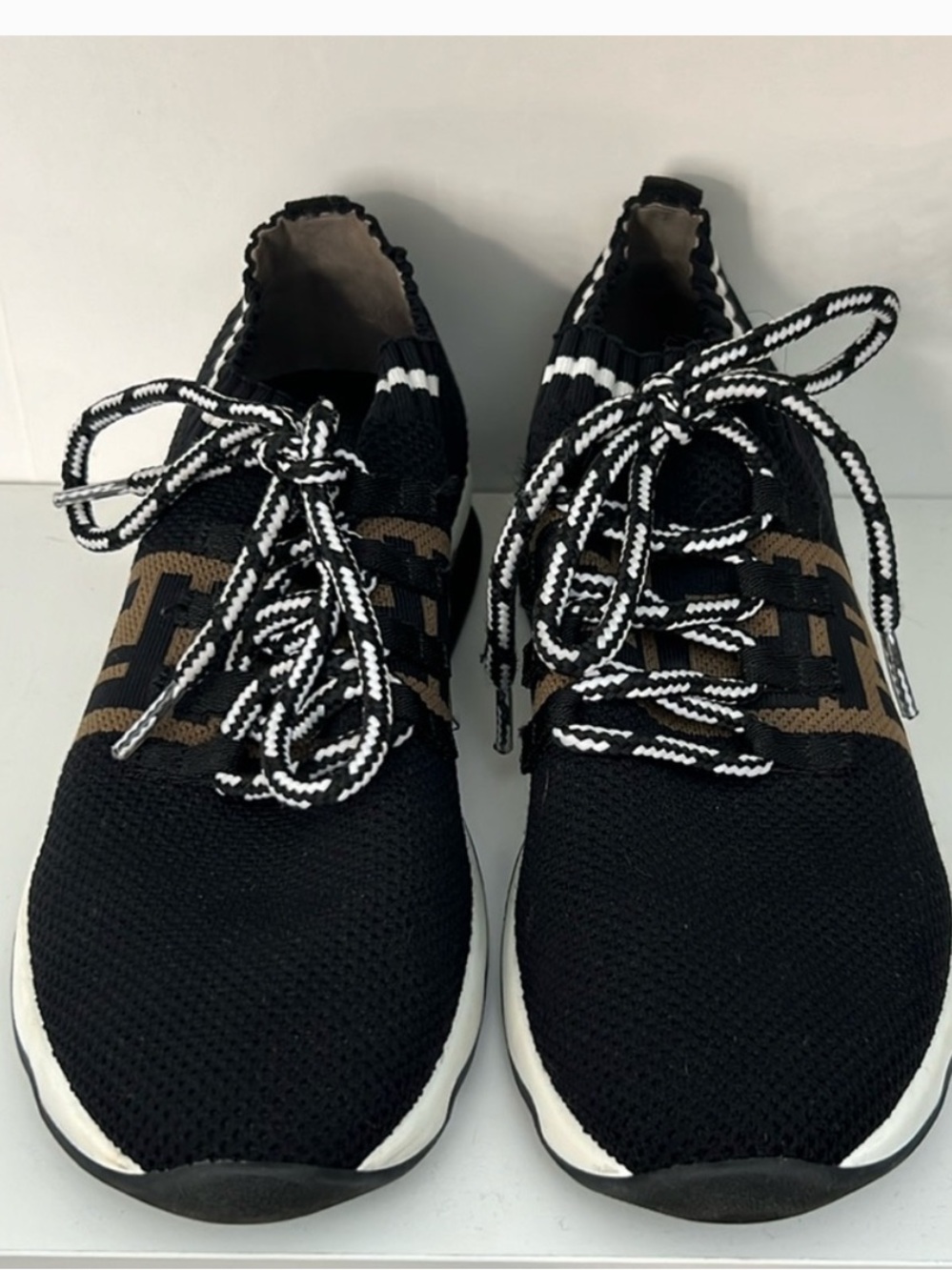 Fendi FF Rockoko Size 38 Black/Brown Knit Fabric Sneakers